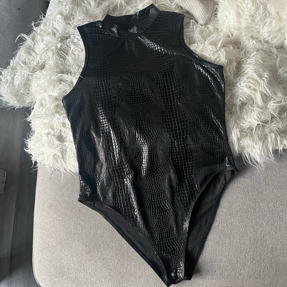 Black Leather Snake Skin Bodysuit Snap Closure
